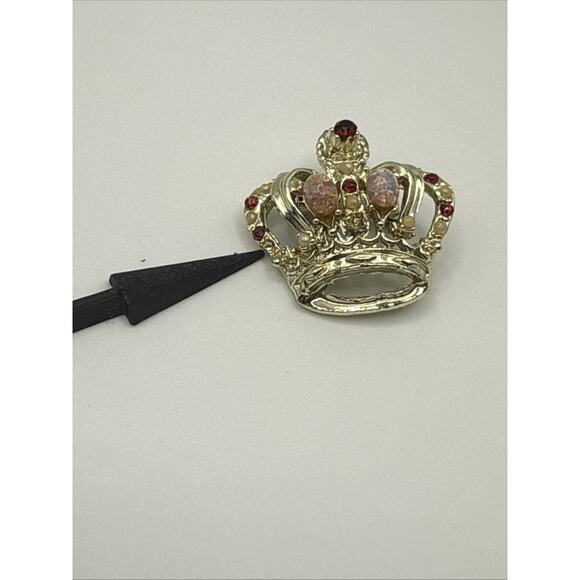 Vintage Crown Brooch Gold Tone Rhinestone Simulated Opal Cabochon LOOK READ - Picture 7 of 8
